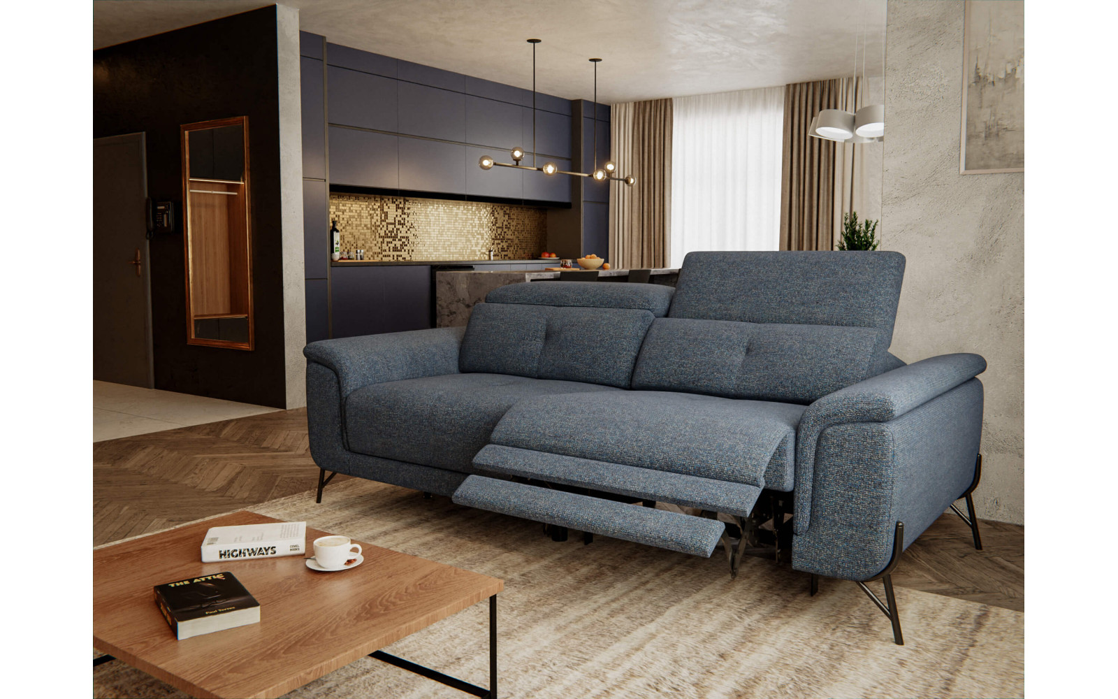 AVENA Sofa 3-Sitzer mit 1 Relaxfunktion und verstellbare Kopfstützen, marineblau