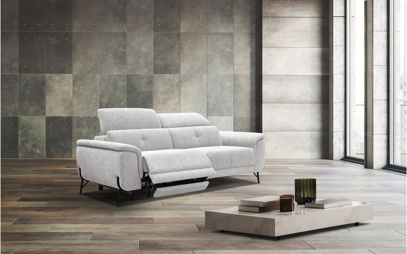 Canapé 3 places avec  1 relax électrique tissu crème - AVENA