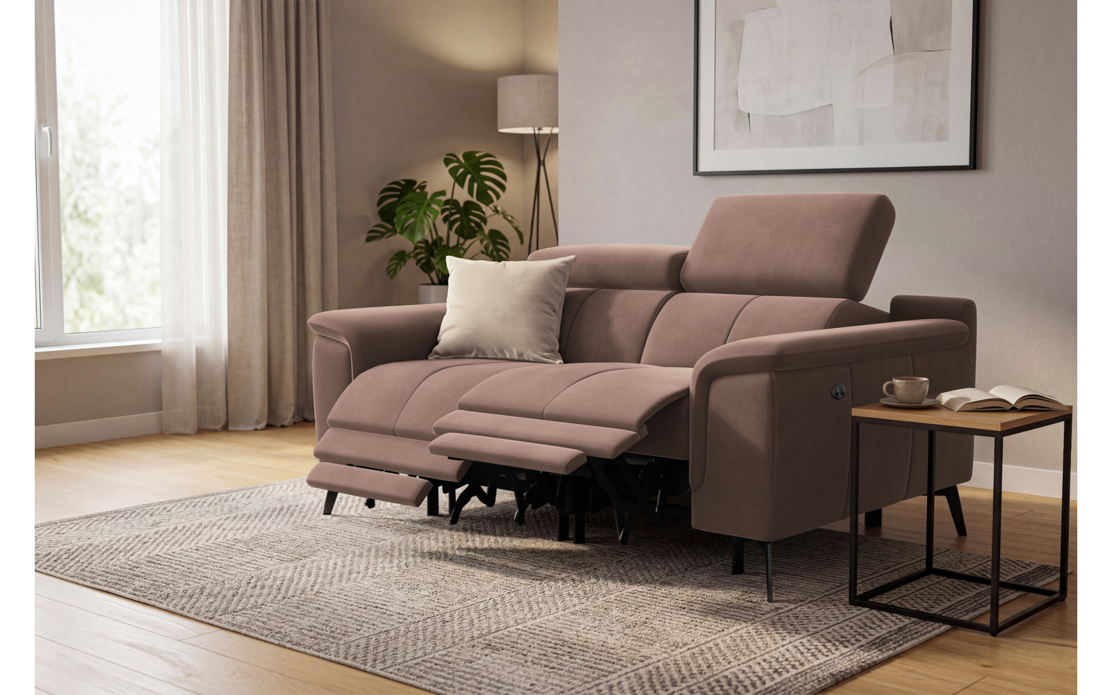 Canapé Relax 2 places FIERO, tissu velours marron