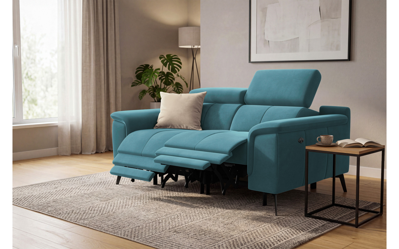 Canapé Relax 2 places FIERO, tissu velours turquoise