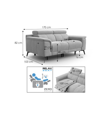Canapé Relax 2 places FIERO, tissu velours bleu marine