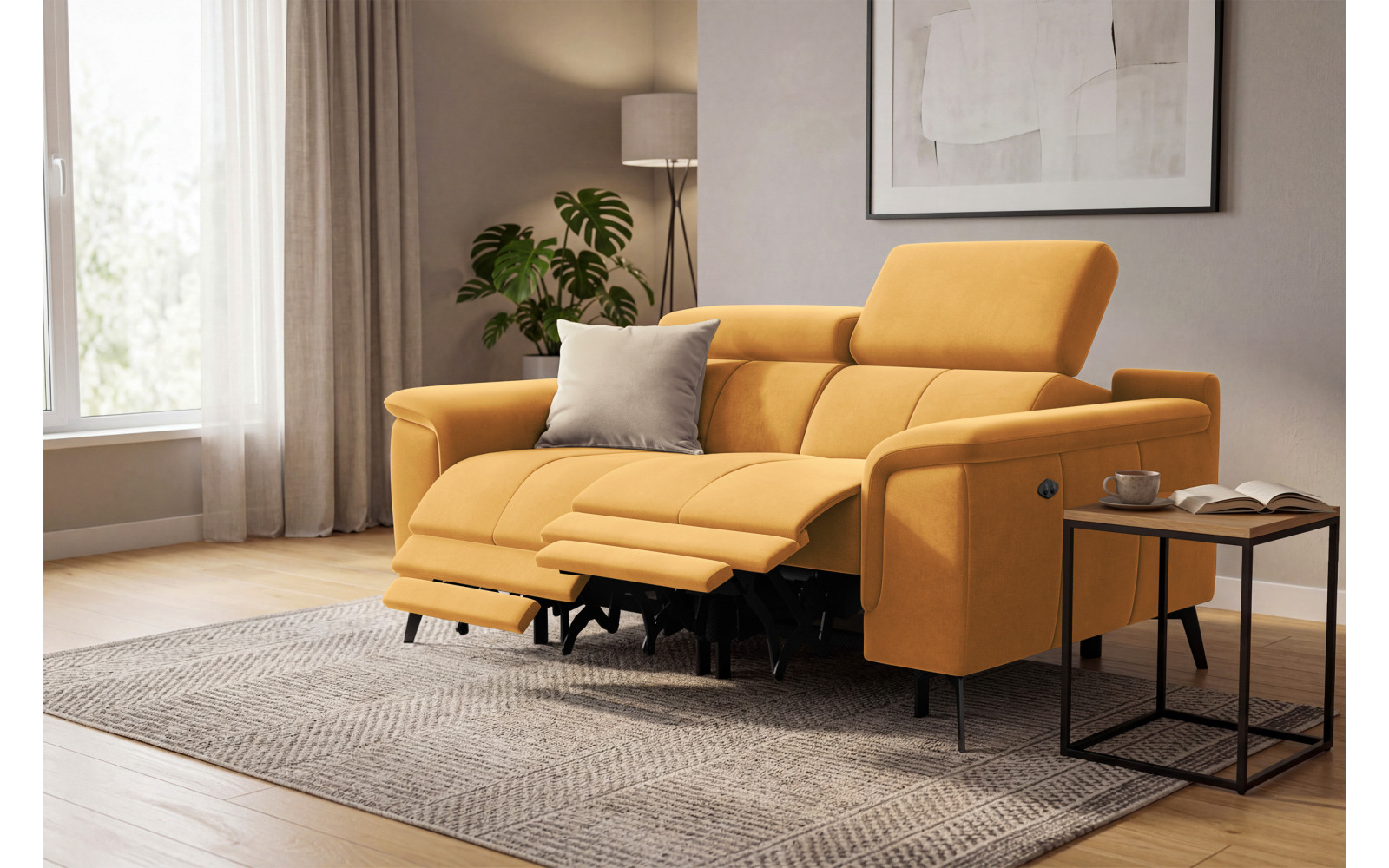 Canapé Relax 2 places FIERO, tissu velours jaune