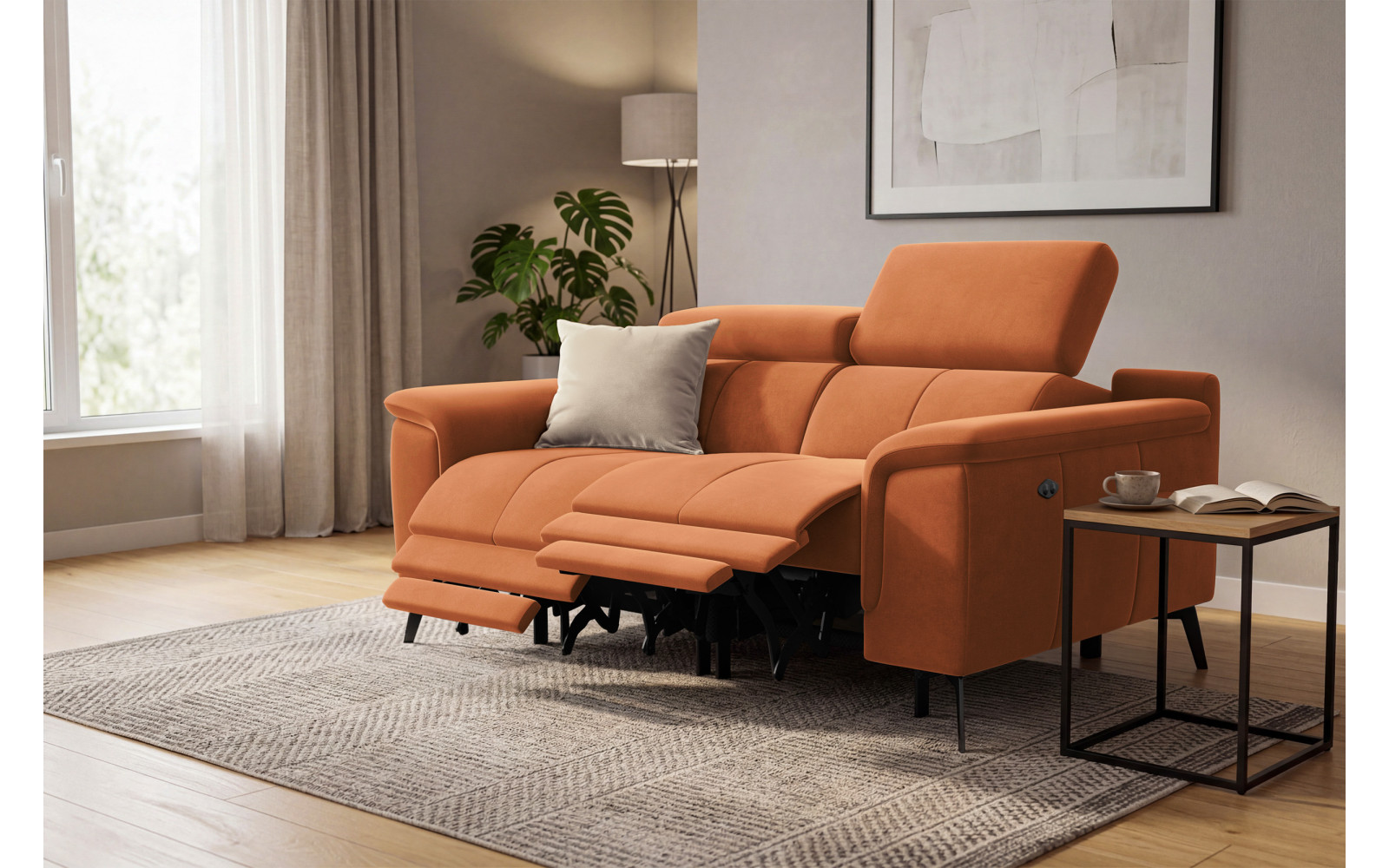 Canapé Relax 2 places FIERO, tissu velours orange