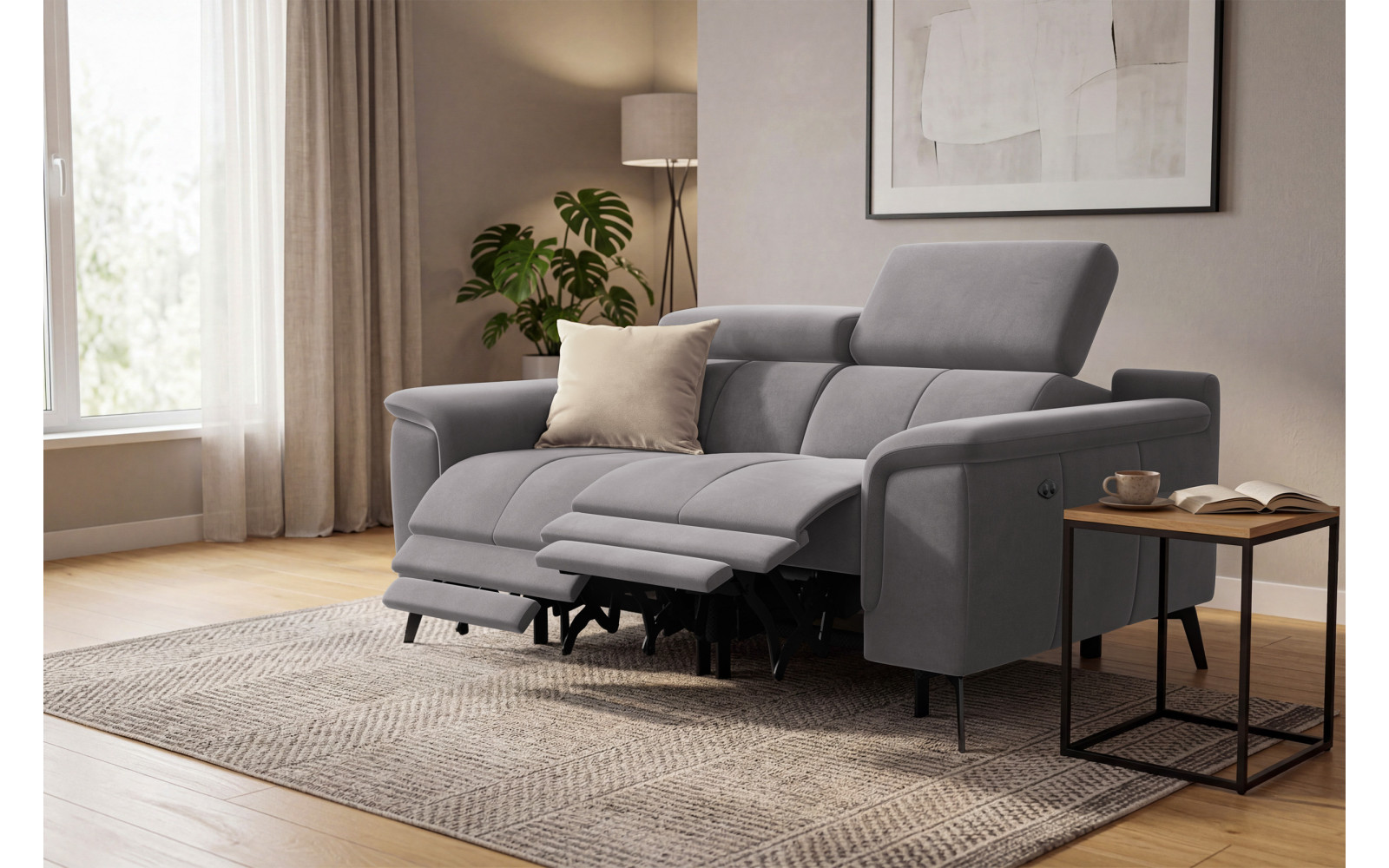 Canapé Relax 2 places FIERO, tissu velours gris foncé