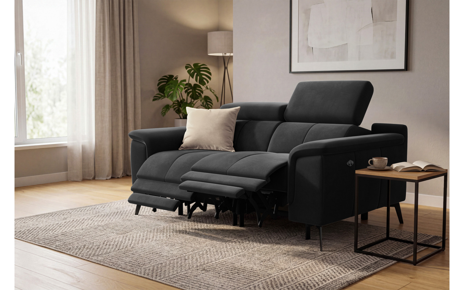 Canapé Relax 2 places FIERO, tissu velours noir