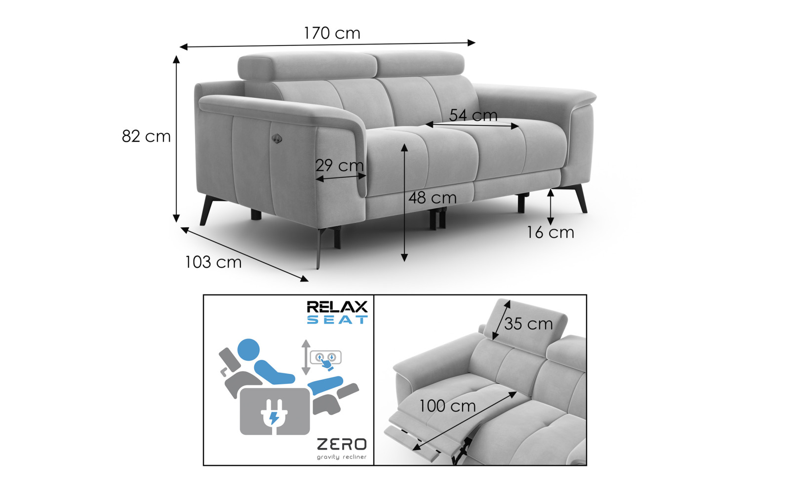 Canapé Relax 2 places FIERO, tissu velours orange
