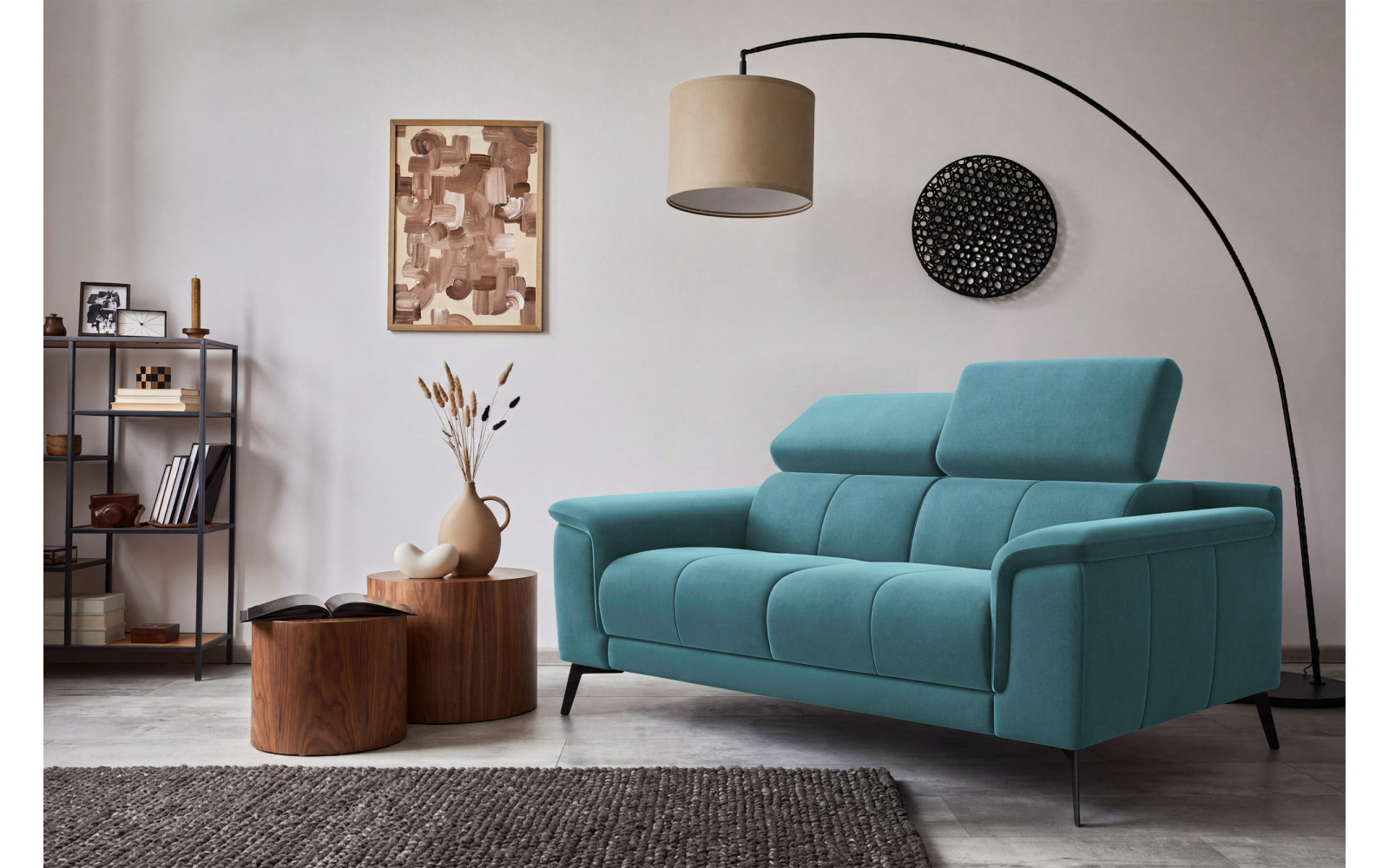 Canapé 2 places FIERO, tissu velours turquoise