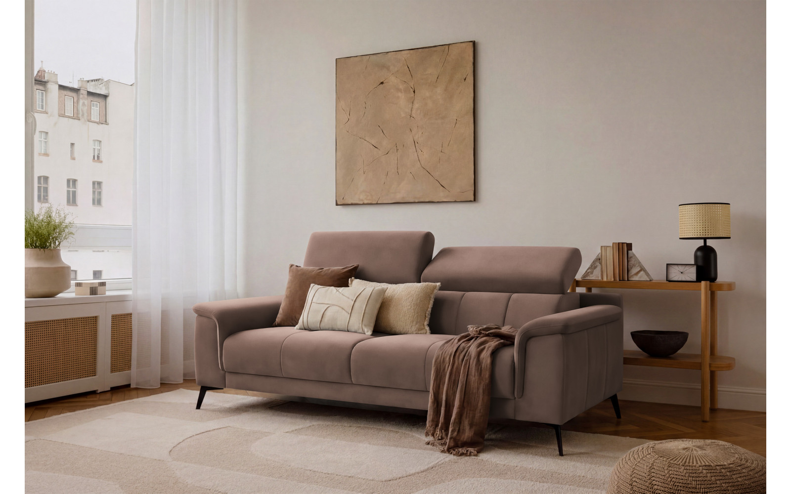 Canapé 3 places FIERO, tissu velours marron