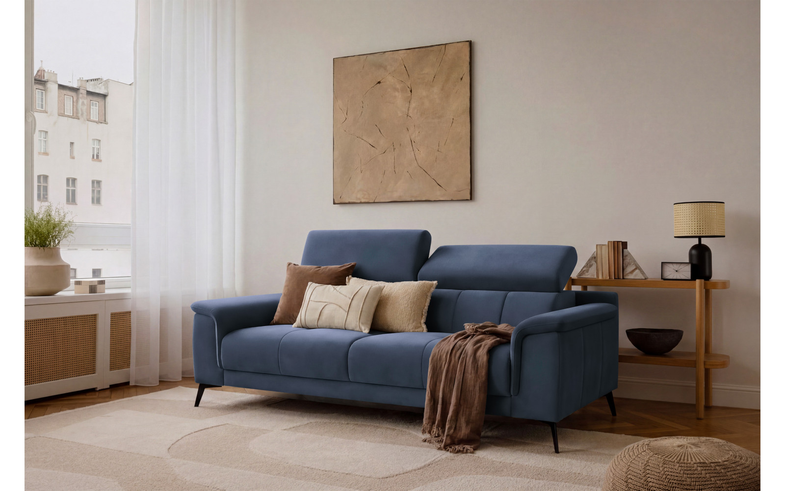 Canapé 3 places FIERO, tissu velours bleu marine