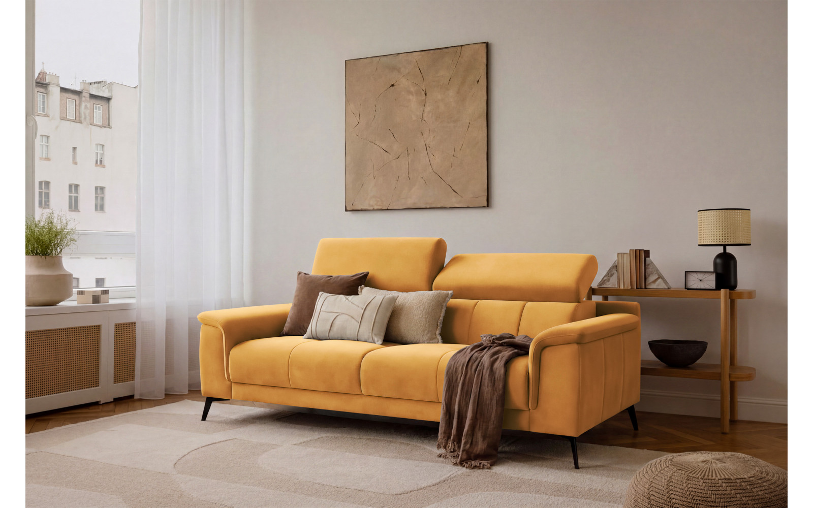 Canapé 3 places FIERO, tissu velours jaune
