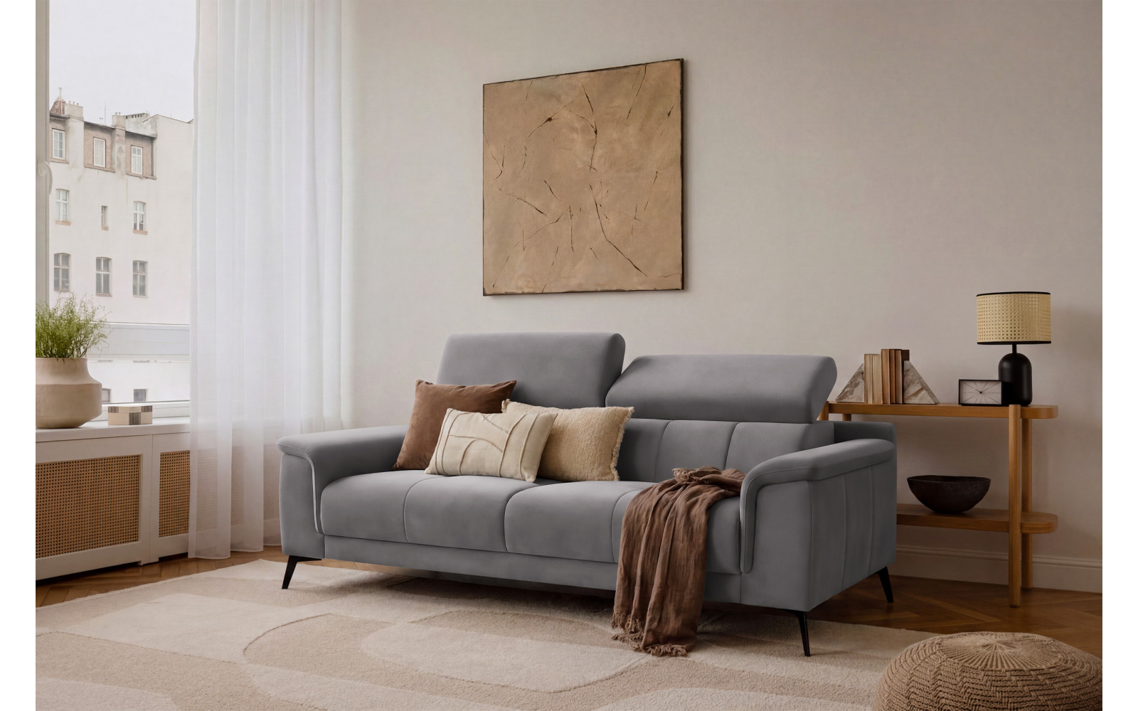 Canapé 3 places FIERO, tissu velours gris foncé