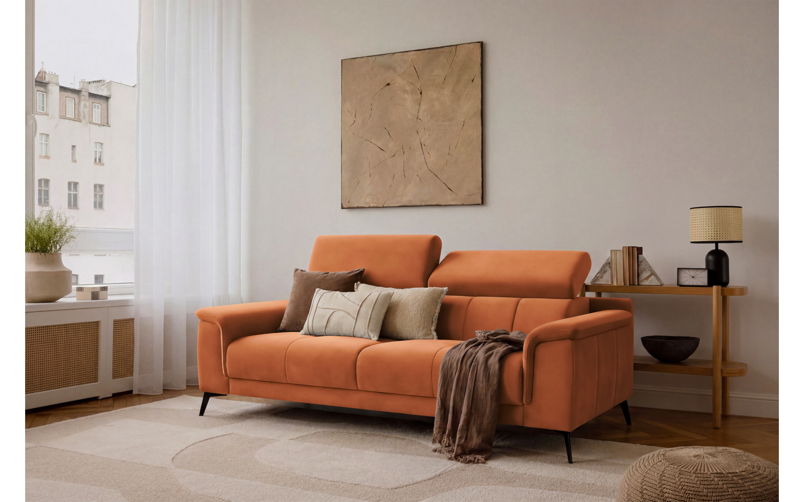 Canapé 3 places FIERO, tissu velours orange