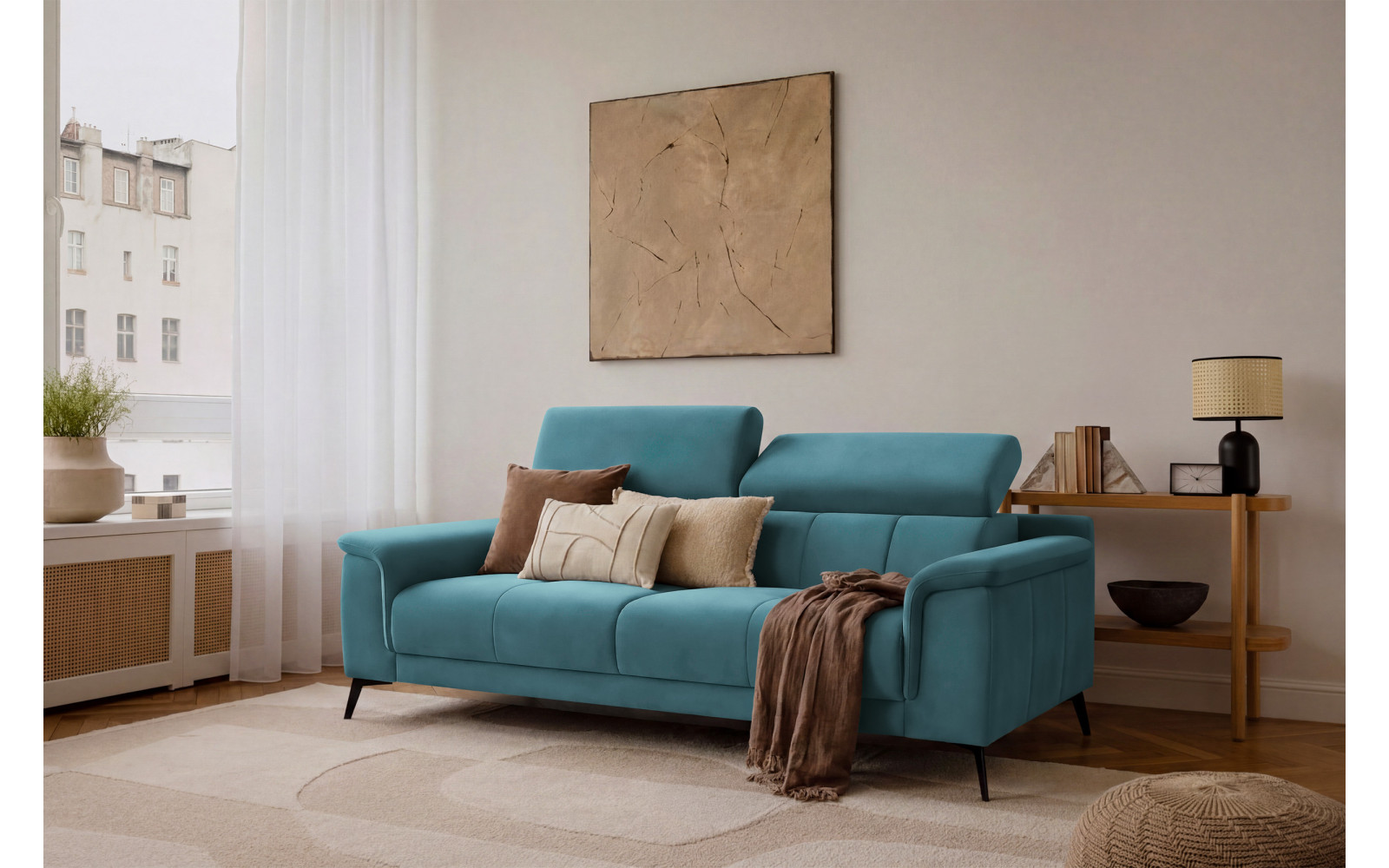 Canapé 3 places FIERO, tissu velours turquoise