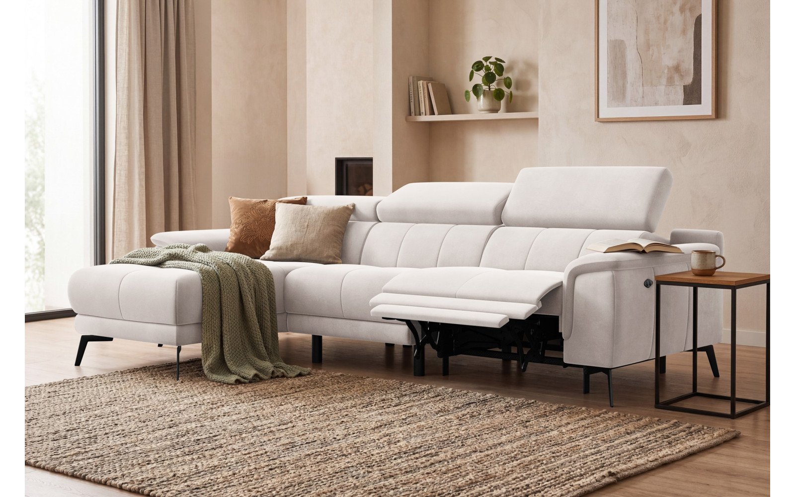 Canapé d'angle relax 4 places gauche FIERO, tissu velours beige