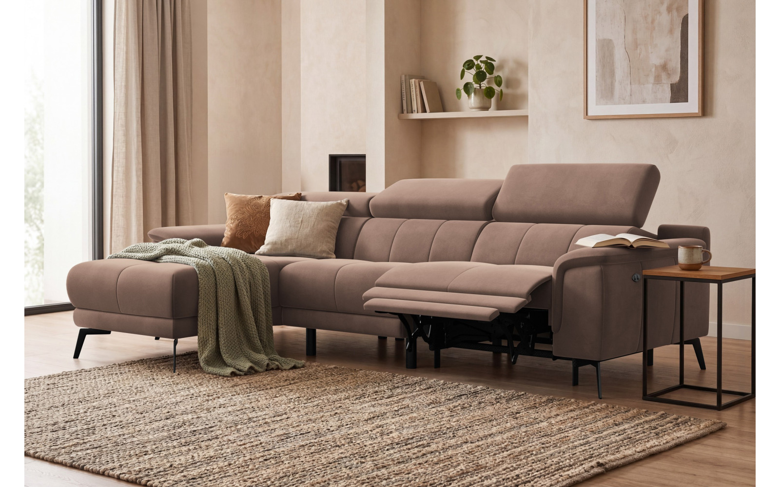 Canapé d'angle relax 4 places gauche FIERO, tissu velours marron