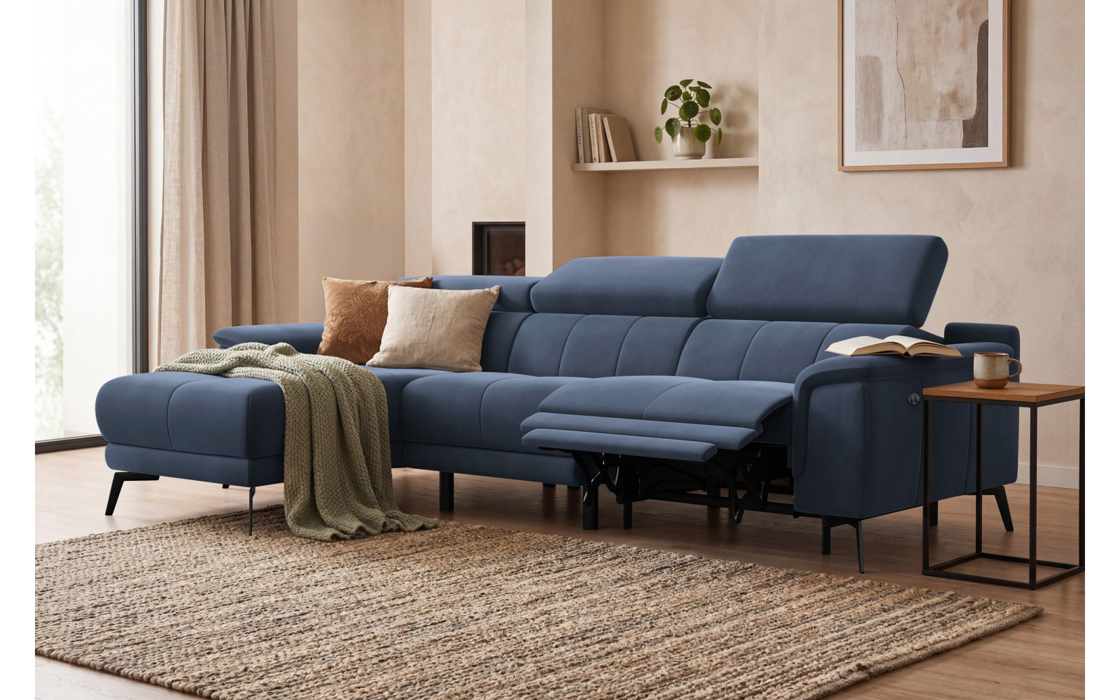 Canapé d'angle relax 4 places gauche FIERO, tissu velours bleu marine
