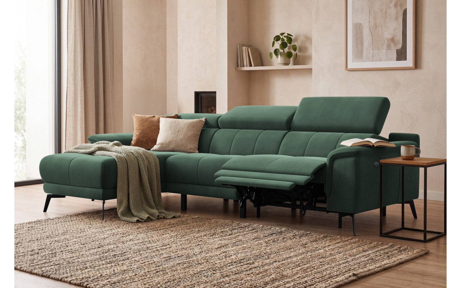 Canapé d'angle relax 4 places gauche FIERO, tissu velours vert