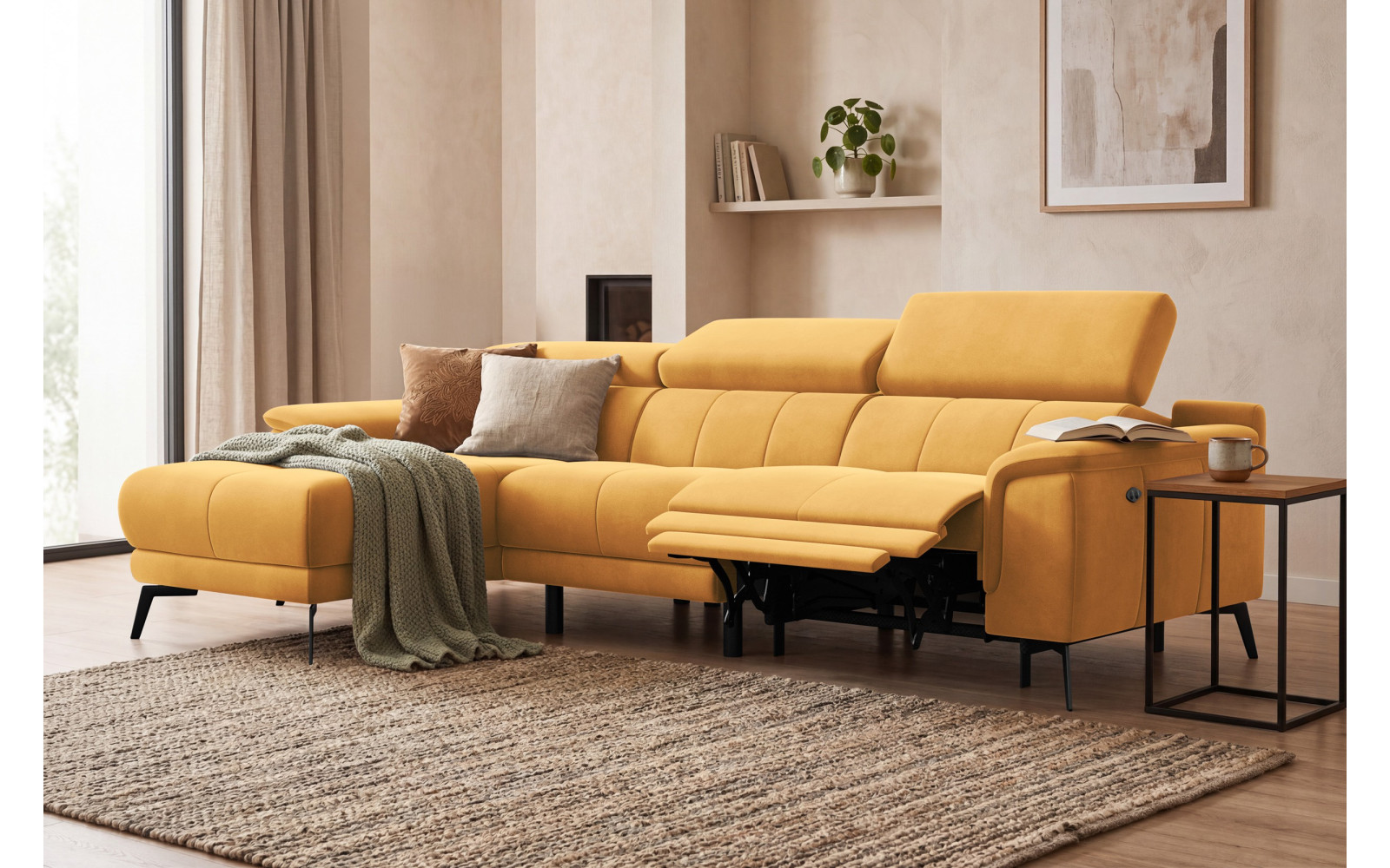 Canapé d'angle relax 4 places gauche FIERO, tissu velours jaune