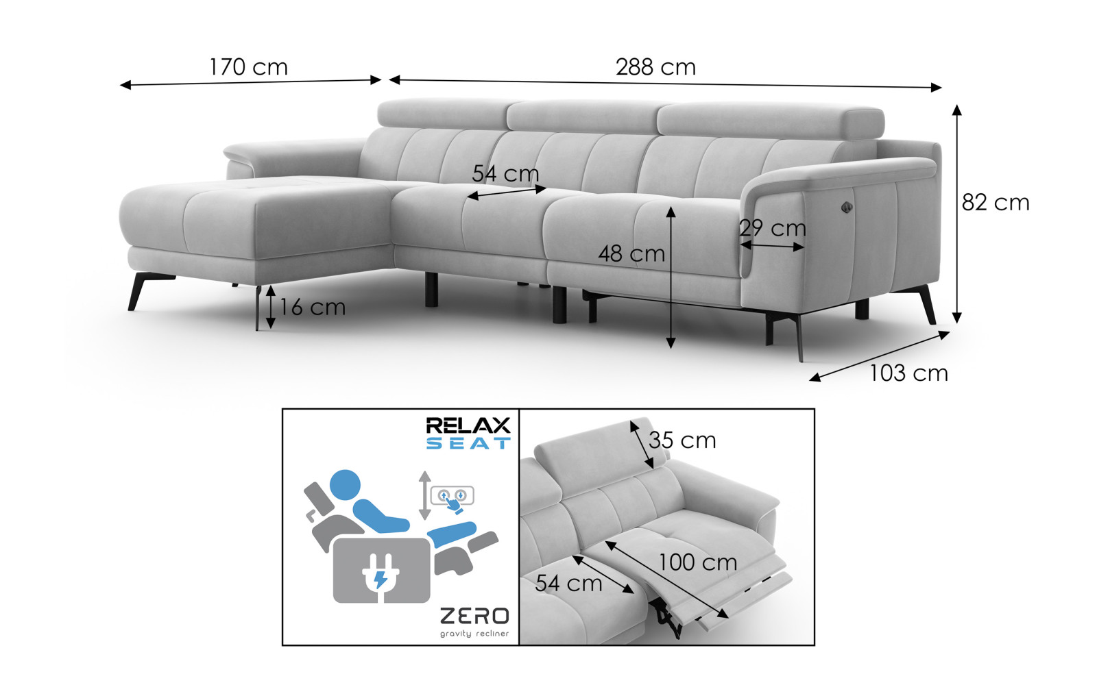 Canapé d'angle relax 4 places gauche FIERO, tissu velours noir