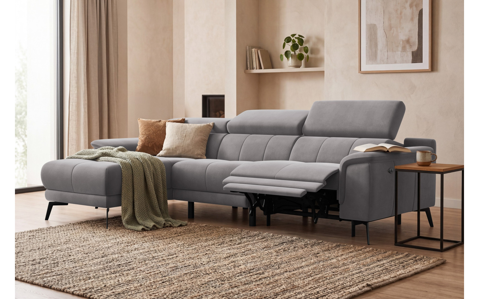 Canapé d'angle relax 4 places gauche FIERO, tissu velours gris foncé