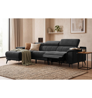 Canapé d'angle relax 4 places gauche FIERO, tissu velours noir