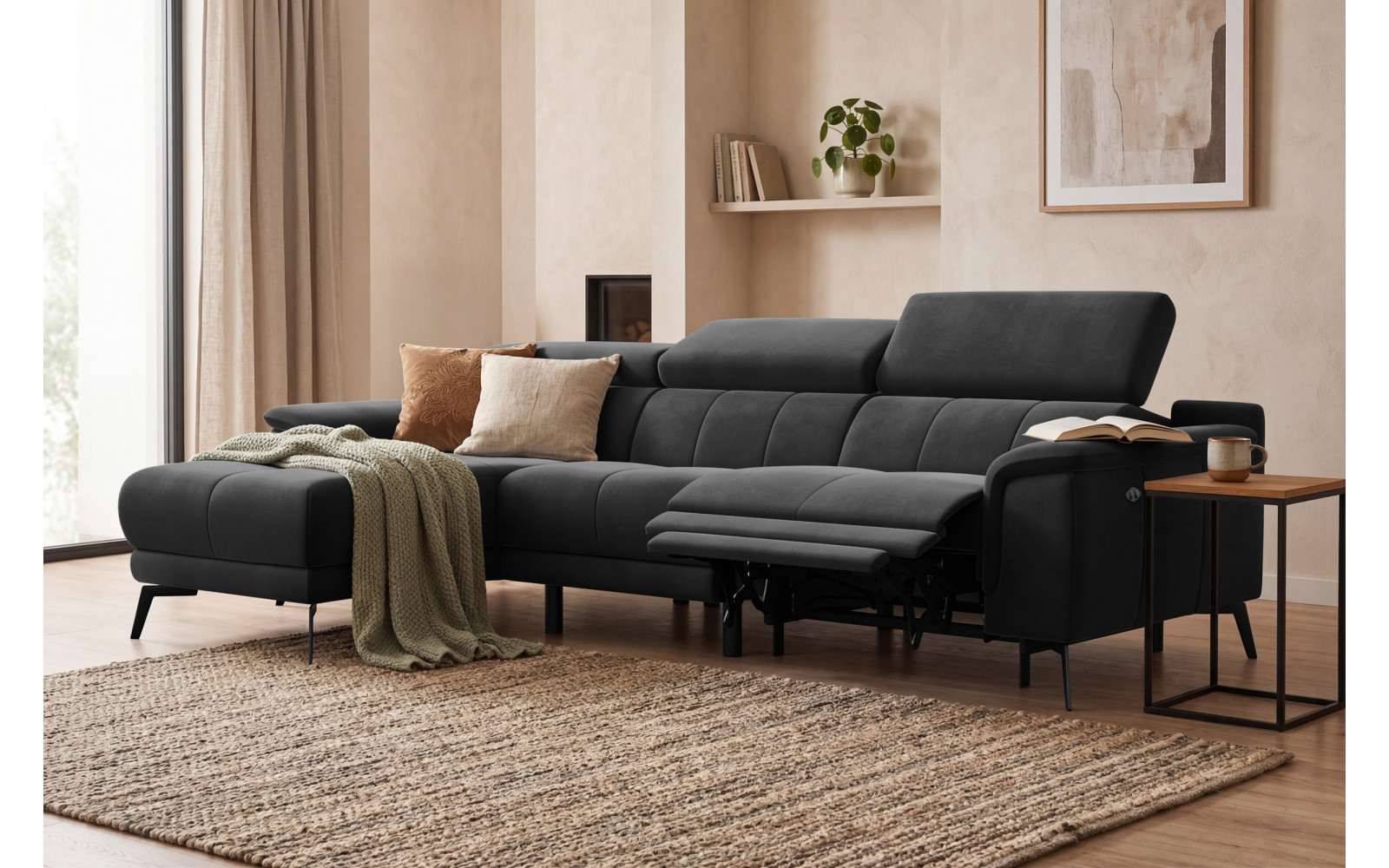 Canapé d'angle relax 4 places gauche FIERO, tissu velours noir
