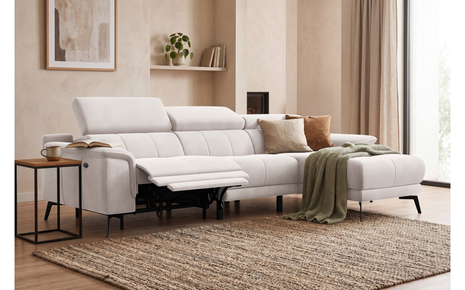Canapé d'angle relax 4 places droit FIERO, tissu velours beige