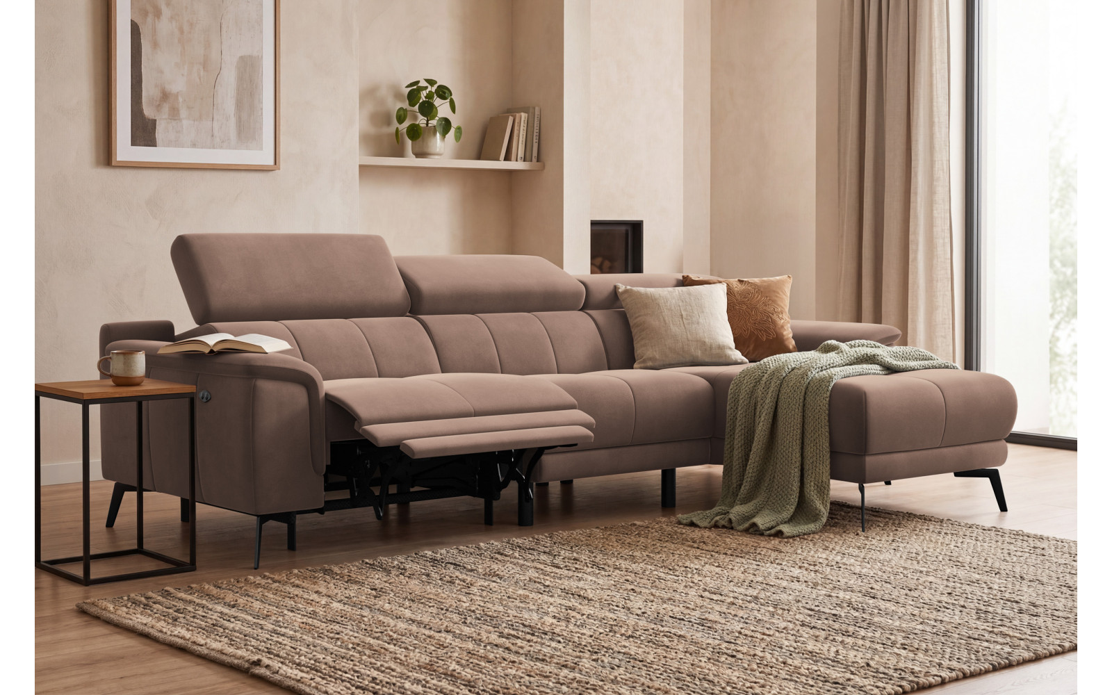 Canapé d'angle relax 4 places droit FIERO, tissu velours marron