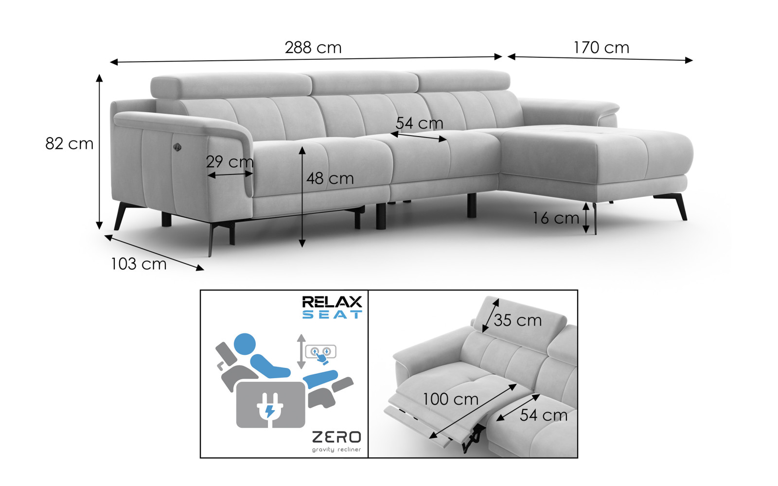 Canapé d'angle relax 4 places droit FIERO, tissu velours turquoise