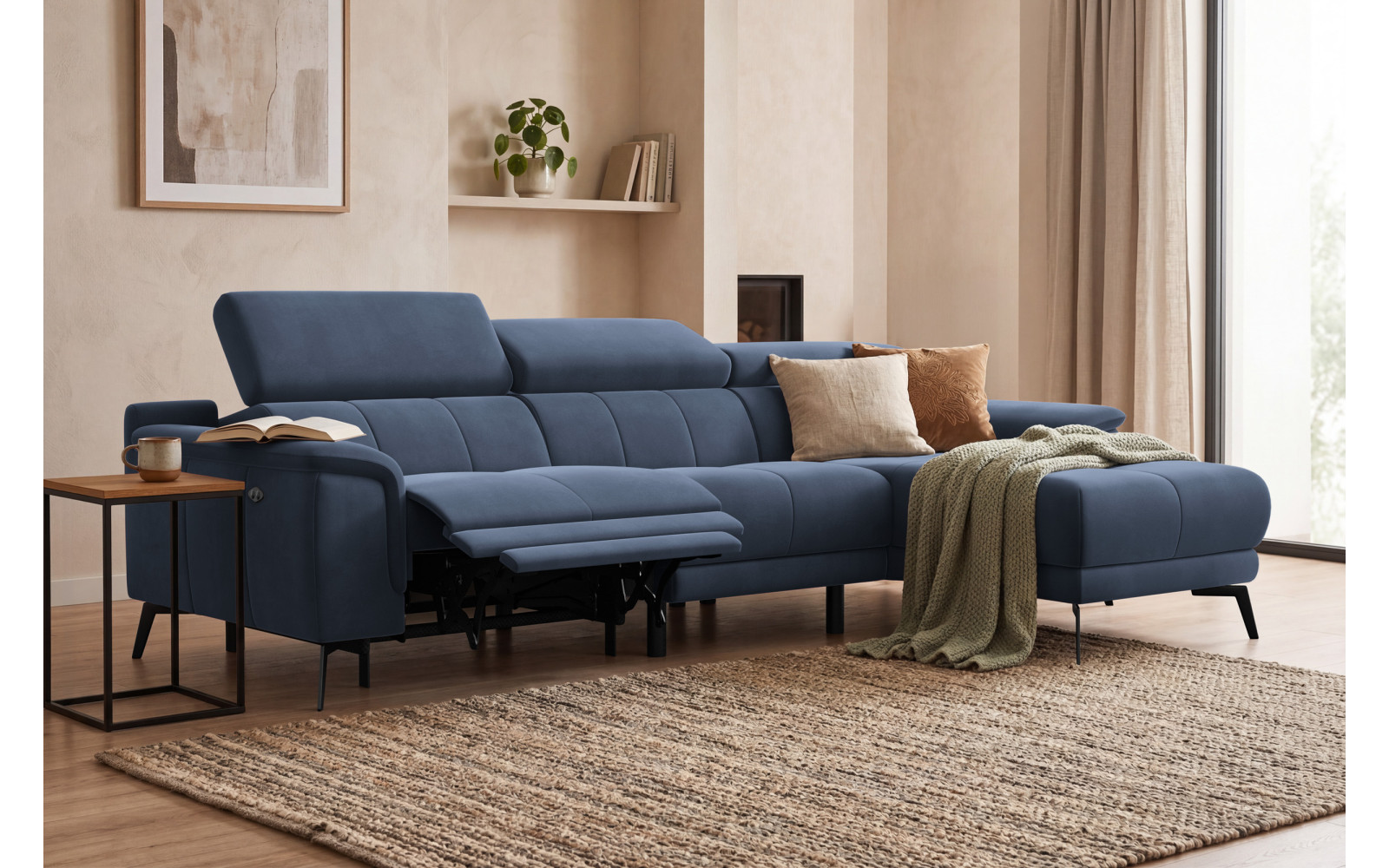 Canapé d'angle relax 4 places droit FIERO, tissu velours bleu marine