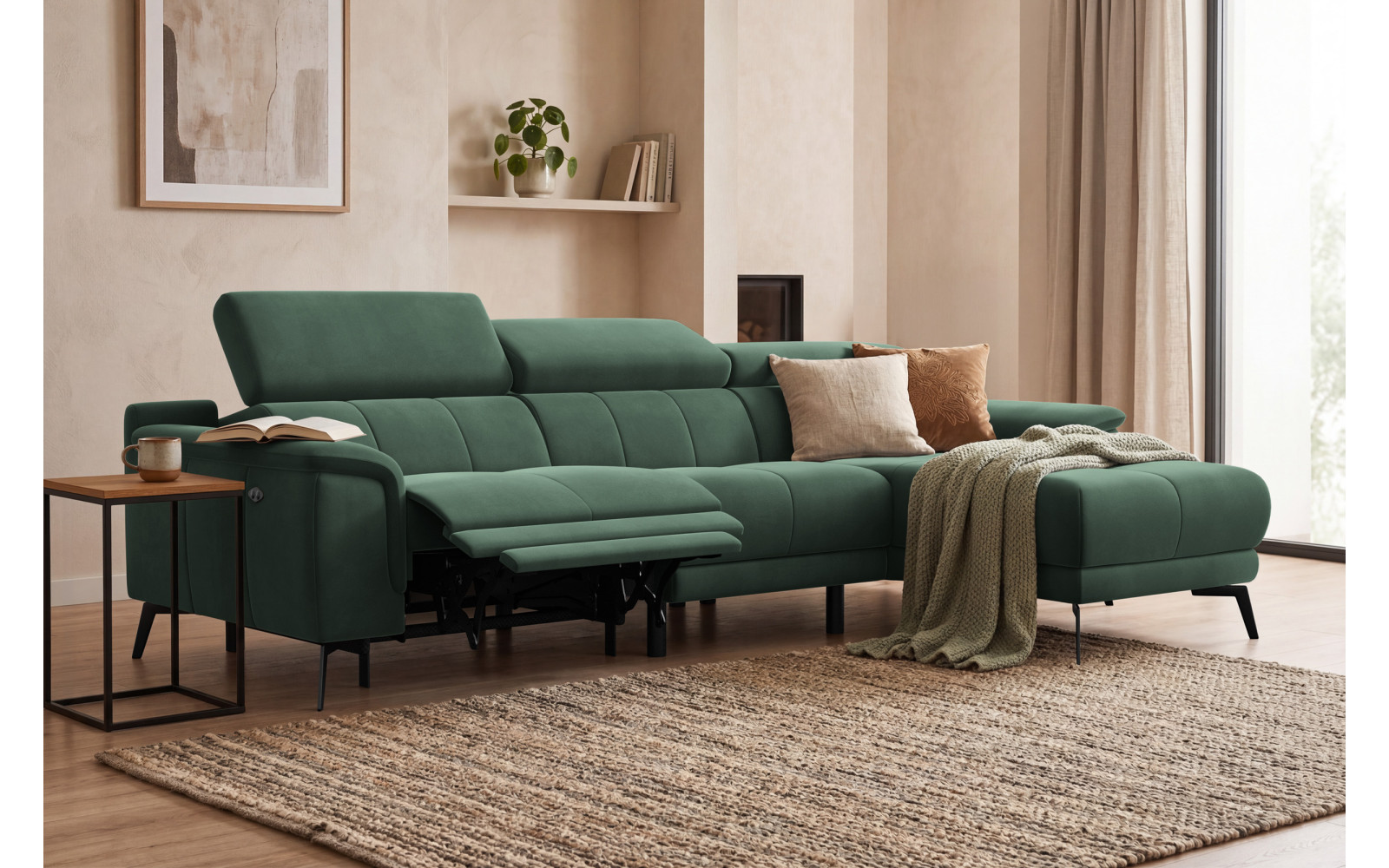 Canapé d'angle relax 4 places droit FIERO, tissu velours vert
