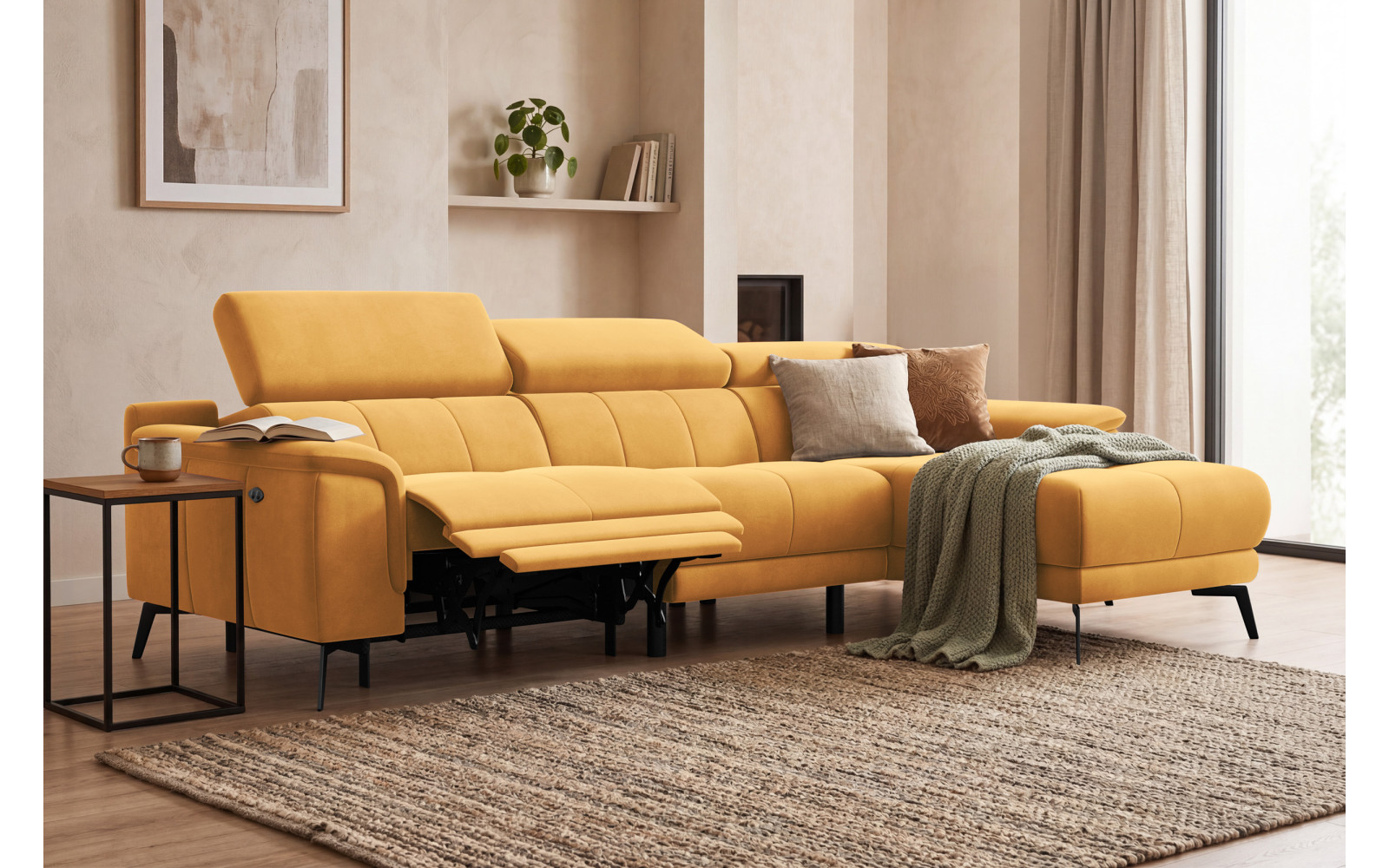 Canapé d'angle relax 4 places droit FIERO, tissu velours jaune