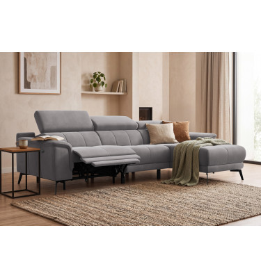 Canapé d'angle relax 4 places droit FIERO, tissu velours gris foncé