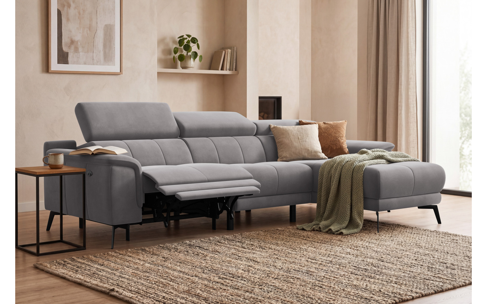 Canapé d'angle relax 4 places droit FIERO, tissu velours gris foncé