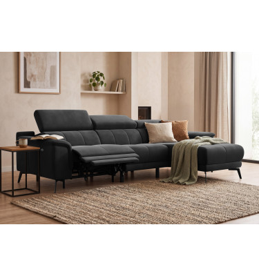 Canapé d'angle relax 4 places droit FIERO, tissu velours noir