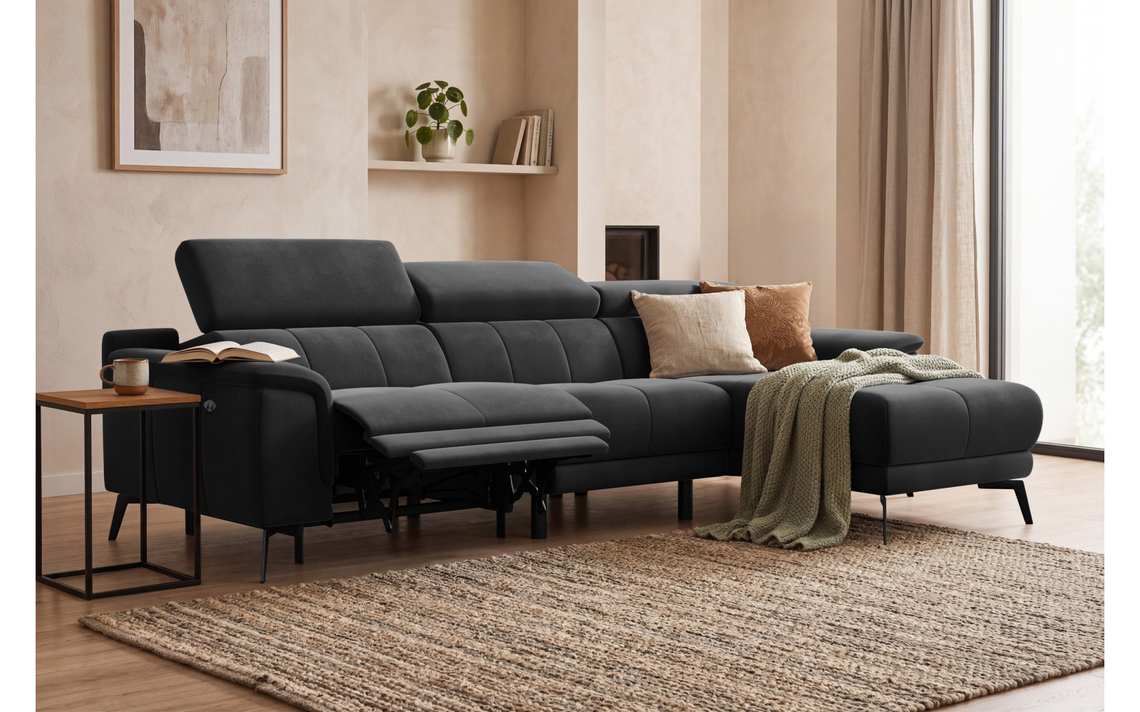 Canapé d'angle relax 4 places droit FIERO, tissu velours noir
