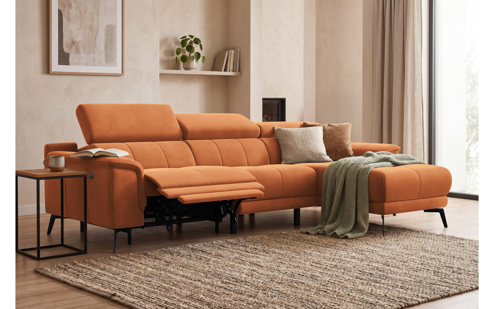 Canapé d'angle relax 4 places droit FIERO, tissu velours orange