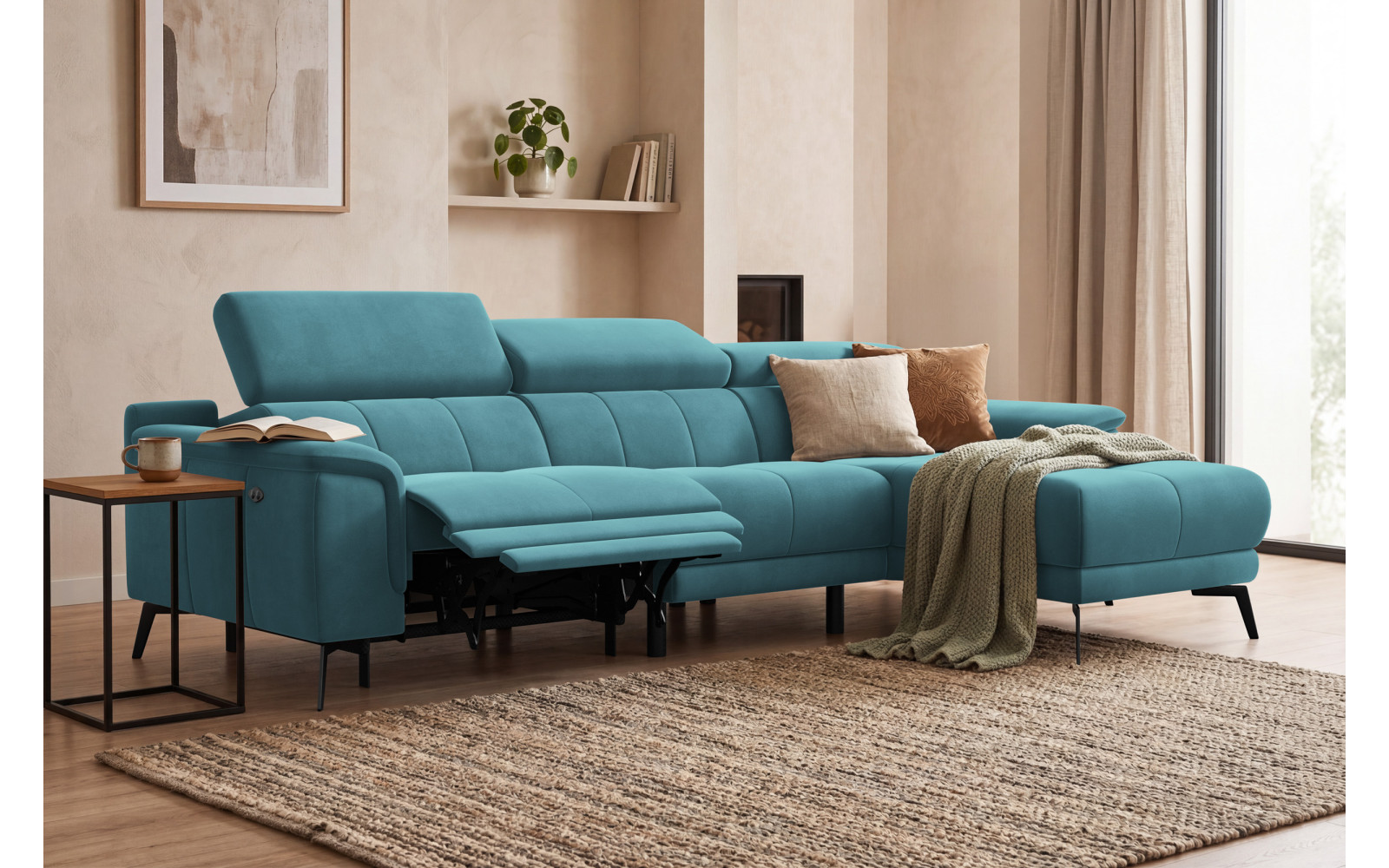 Canapé d'angle relax 4 places droit FIERO, tissu velours turquoise