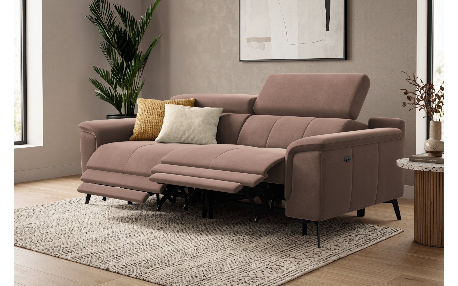 Canapé Relax 3 places FIERO, tissu velours marron