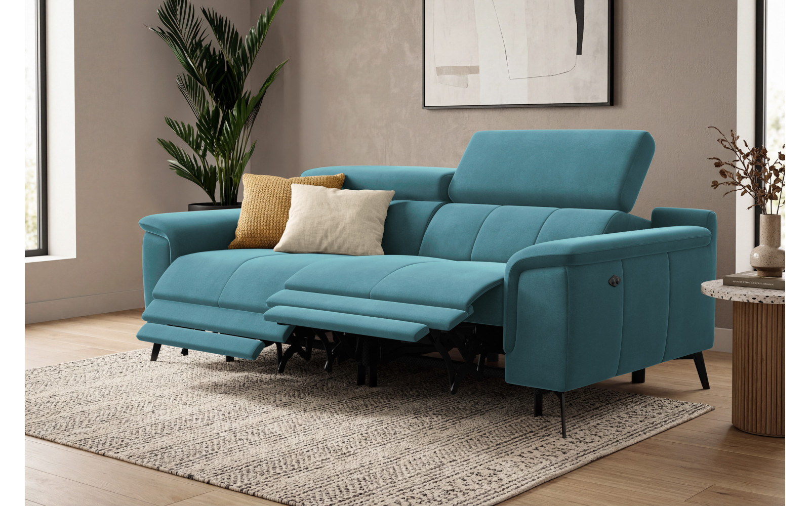 Canapé Relax 3 places FIERO, tissu velours turquoise
