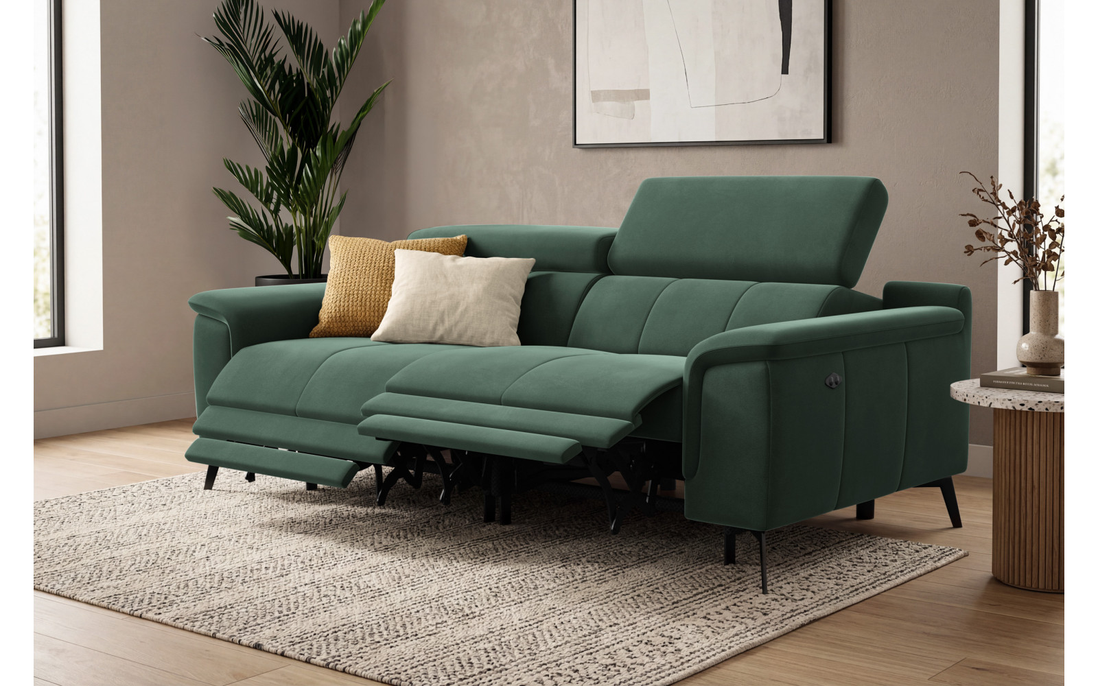 Canapé Relax 3 places FIERO, tissu velours vert