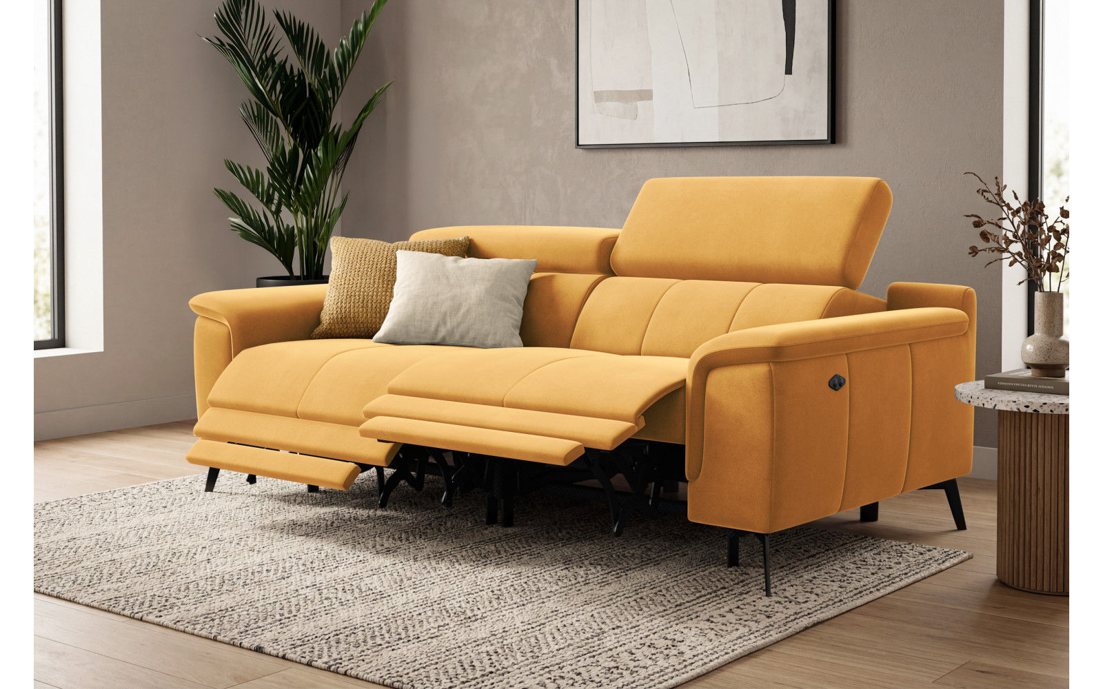 Canapé Relax 3 places FIERO, tissu velours jaune