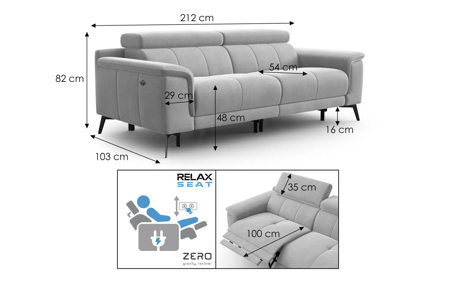 Canapé Relax 3 places FIERO, tissu velours vert
