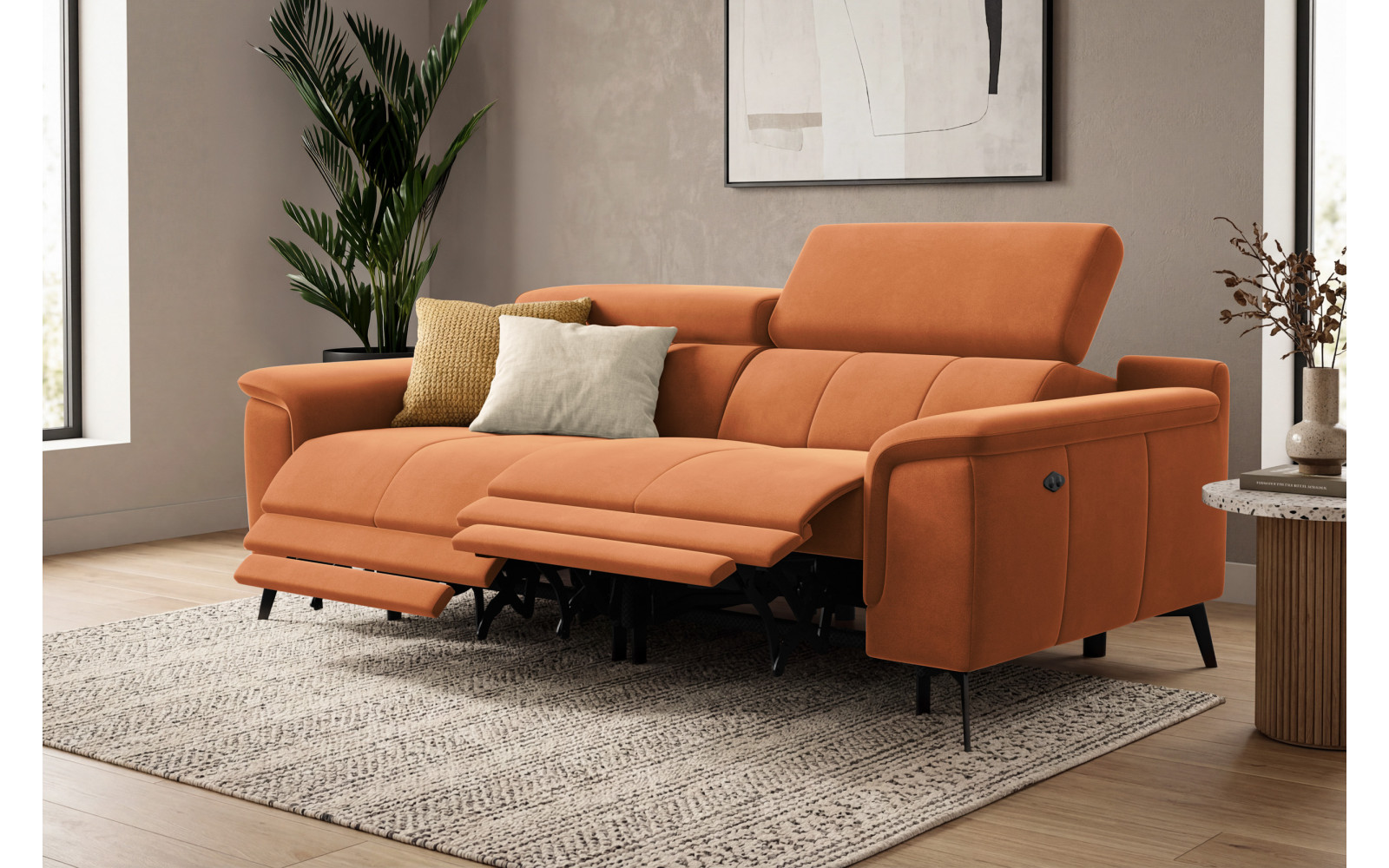 Canapé Relax 3 places FIERO, tissu velours orange