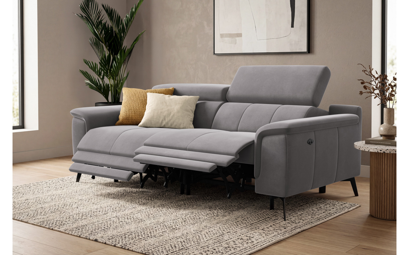 Canapé Relax 3 places FIERO, tissu velours gris foncé