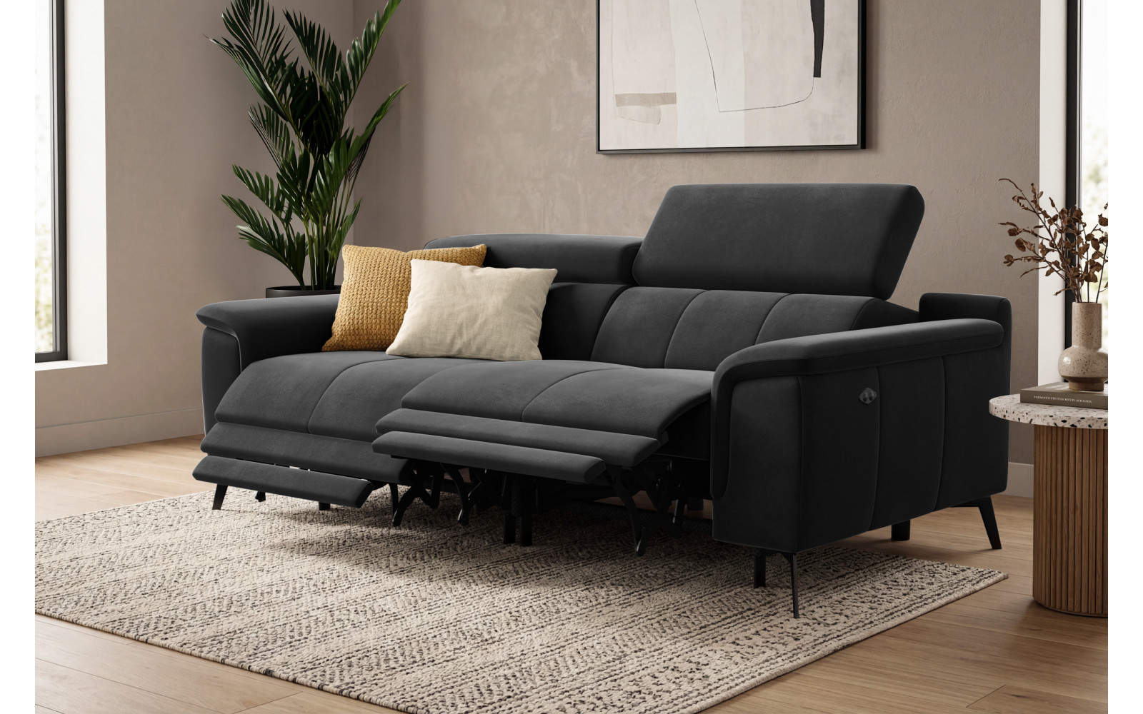 Canapé Relax 3 places FIERO, tissu velours noir